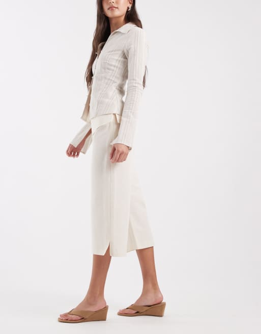 ASOS DESIGN linen deep waistband tailored capri in ecru, 2 of 5