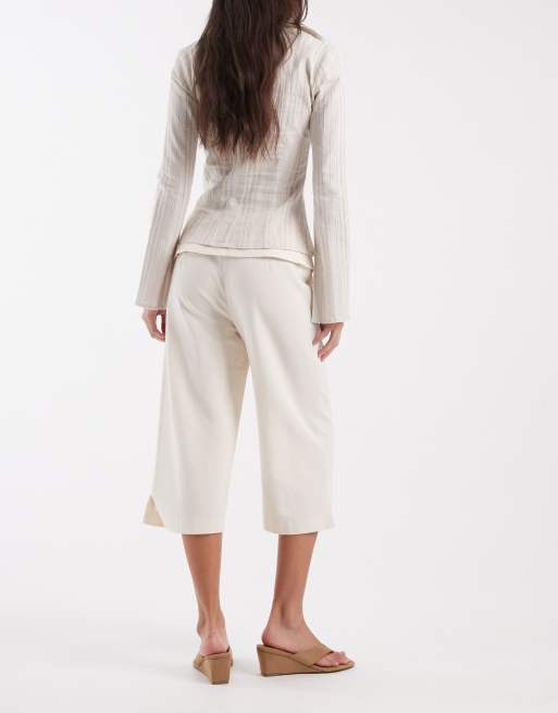 ASOS DESIGN linen deep waistband tailored capri in ecru, 3 of 5