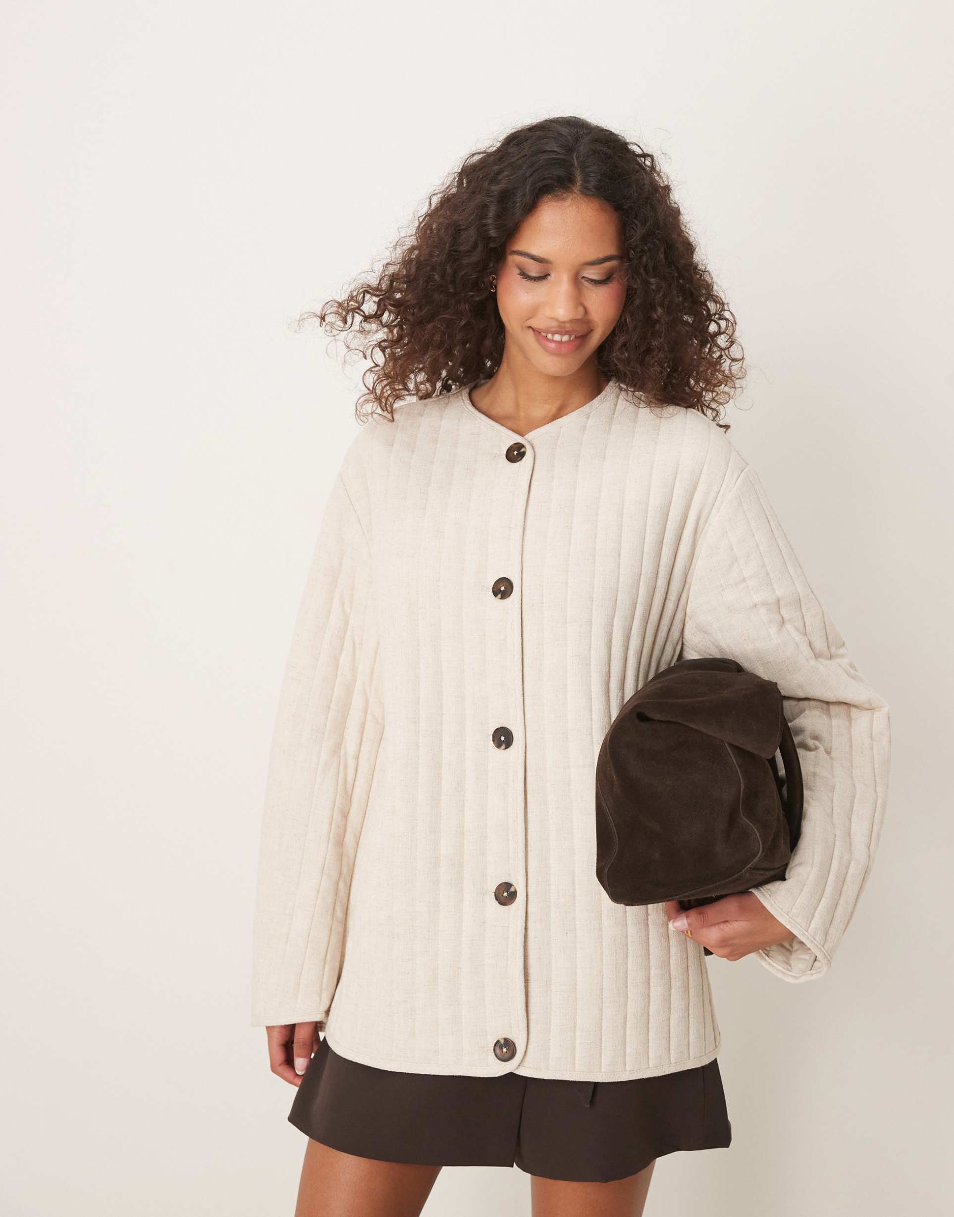 asos design linen dolphin hem collarless quilted jacket in oatmeal