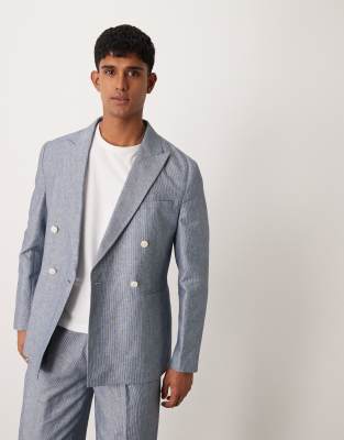 Asos Design Linen Double Breasted Regular Suit Jacket With Stripes In Indigo-navy