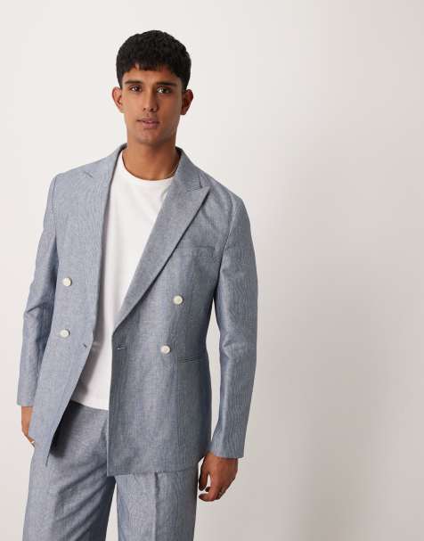 ASOS DESIGN linen double breasted regular suit jacket with stripes in indigo - view 1