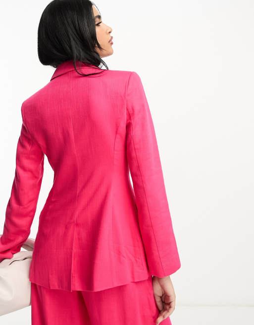 ASOS DESIGN linen double breasted suit blazer in hot pink