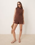 [ASOS DESIGN] ASOS DESIGN linen double layer neck tie detail playsuit in chocolate-Yellow 16 Chocolate
