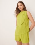 [ASOS DESIGN] ASOS DESIGN linen double layer neck tie detail playsuit in lime green 14 Pale Green
