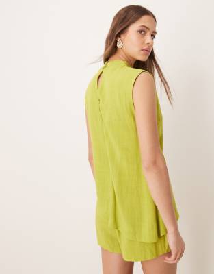 Asos Design Linen Double Layer Neck Tie Detail Romper