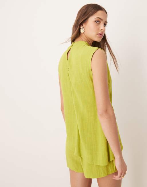 ASOS DESIGN linen double layer neck tie detail romper in lime green