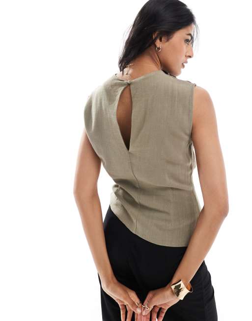 ASOS DESIGN linen drape high neck asymmetric smart top in khaki, 4 of 4