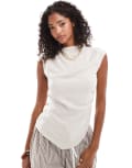 [ASOS DESIGN] ASOS DESIGN linen drape high neck asymmetric smart top in natural-Neutral 16 stone