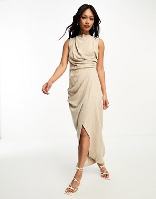 Asos Design Linen Drape Midi Dress With Wrap Skirt In Stone-neutral