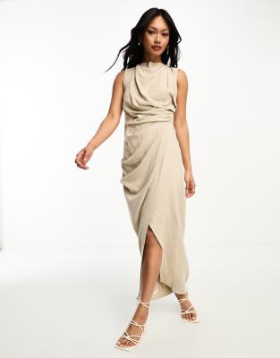 Asos Design Linen Drape Midi Dress With Wrap Skirt In Stone-neutral