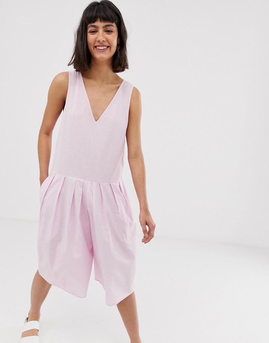 ASOS DESIGN linen drop waist short culotte jumpsuit-Multi