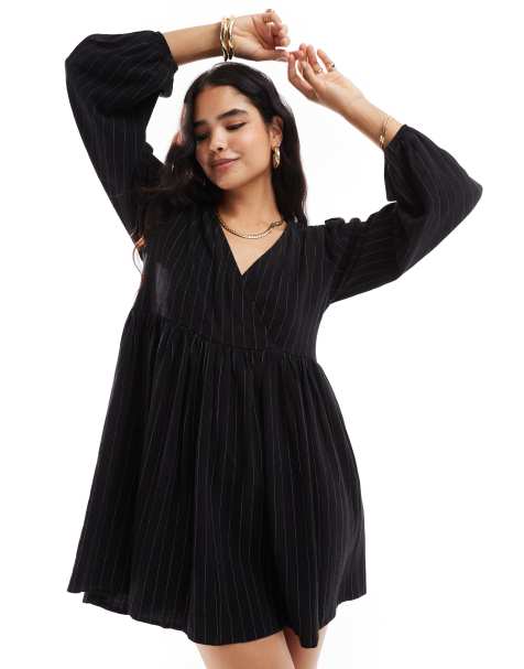 ASOS DESIGN linen effect v-neck mini smock dress in black & white pinstripe - view 1