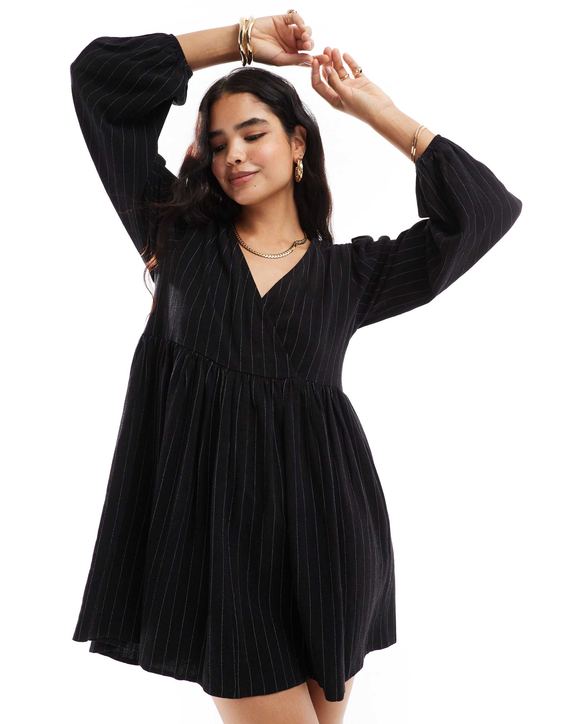 asos design linen effect v-neck mini smock dress in black & white pinstripe