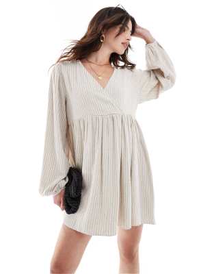 Asos Design Linen Effect V-neck Mini Smock Dress In Sand & Black Pinstripe-neutral