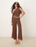 [ASOS DESIGN] ASOS DESIGN linen fallen shoulder jumpsuit in chocolate brown 18 Chocolate