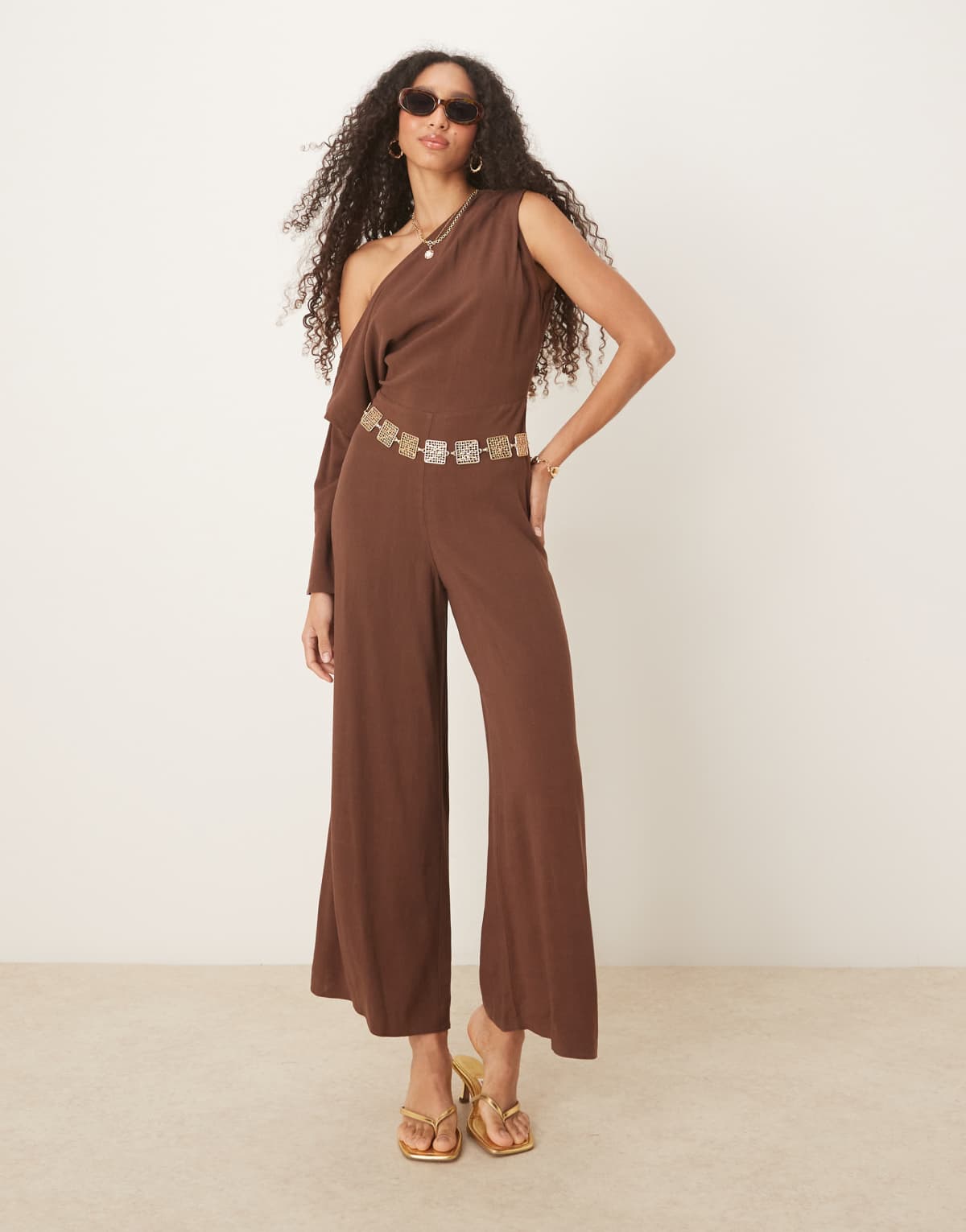ASOS DESIGN linen fallen shoulder jumpsuit in chocolate brown