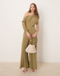 [ASOS DESIGN] ASOS DESIGN linen fallen shoulder jumpsuit in khaki-Green 18 KHAKI