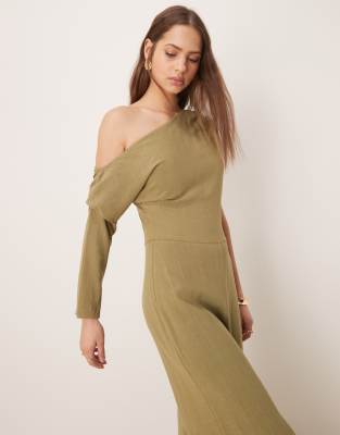 asos design linen fallen shoulder jumpsuit in khaki