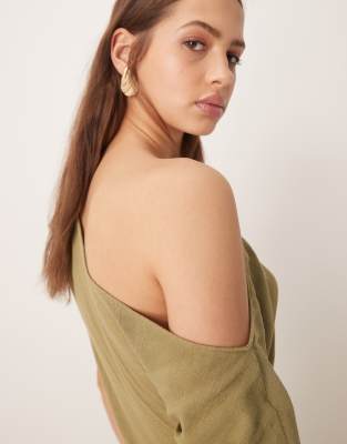 asos design linen fallen shoulder jumpsuit in khaki