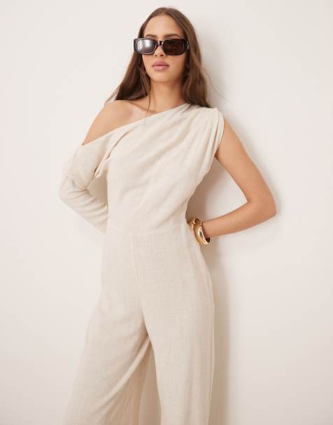 ASOS DESIGN linen fallen shoulder jumpsuit in oat - view 1