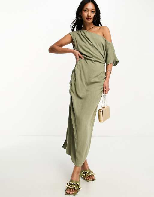 ASOS DESIGN linen fallen shoulder ruched midi dress in khaki