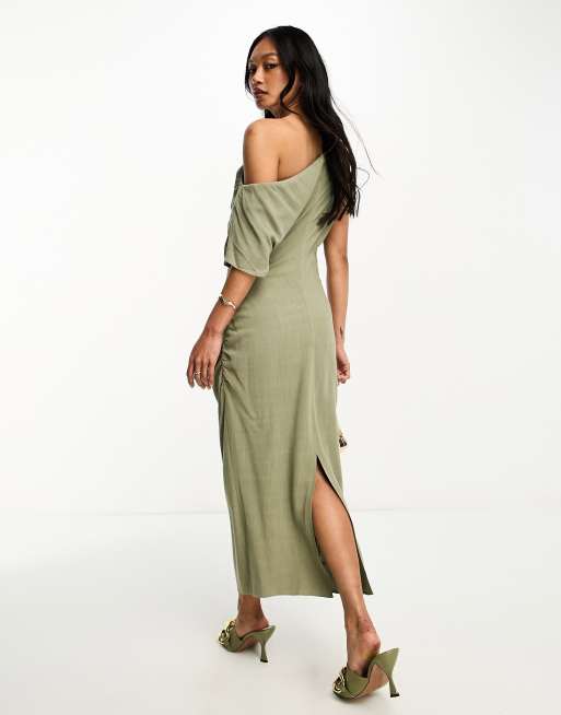 chinese dress ladies Linen Ruched Maxi Dress