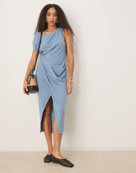 ASOS DESIGN linen fallen twist shoulder wrap skirt detail midi dress in denim blue - view 1