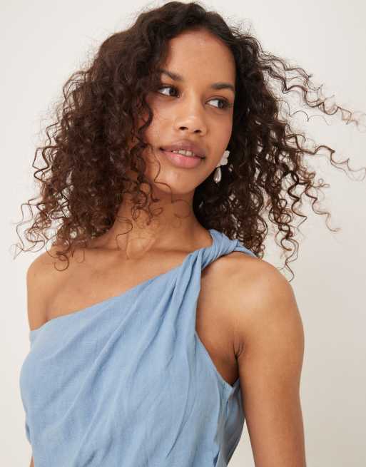ASOS DESIGN linen mix fallen twist shoulder wrap skirt detail midi dress in denim blue