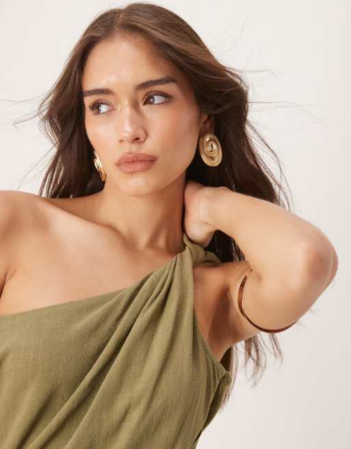 ASOS DESIGN linen mix fallen twist shoulder wrap skirt detail midi dress in khaki