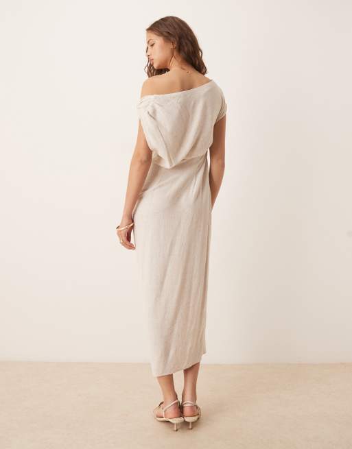 ASOS DESIGN linen blend fallen twisted shoulder wrap skirt detail midi dress in oat