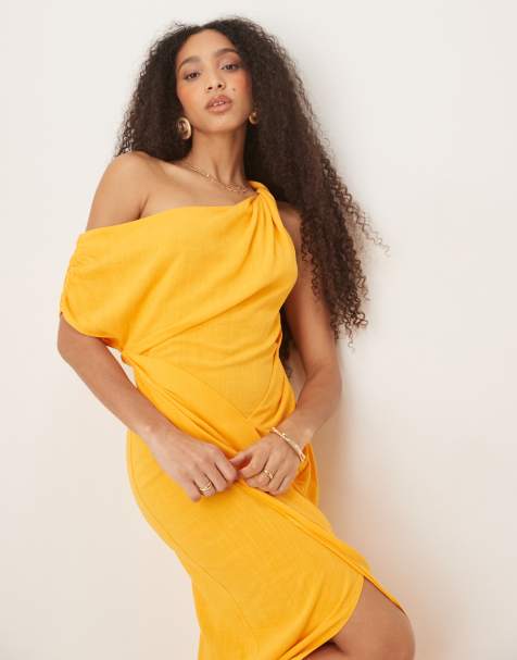 ASOS DESIGN linen fallen twist shoulder wrap skirt detail midi dress in orange - view 1