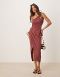 [ASOS DESIGN] ASOS DESIGN linen fallen twist shoulder wrap skirt detail midi dress in rust-Red 16 Apple butter