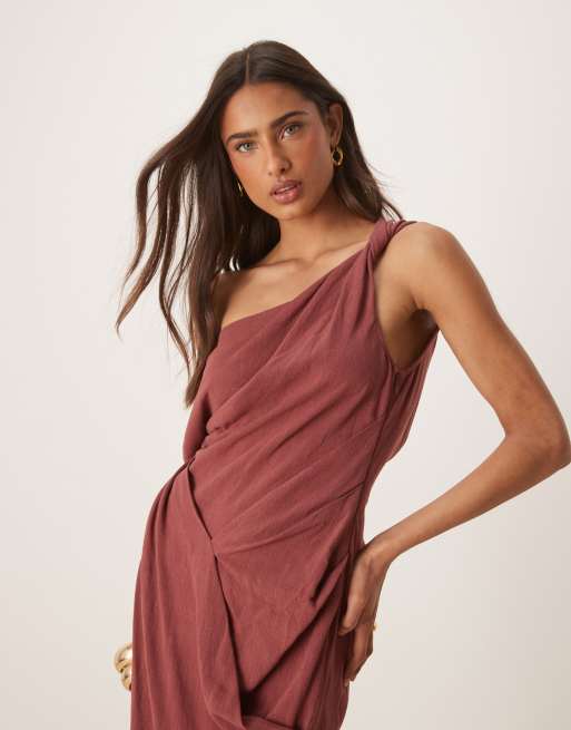 ASOS DESIGN linen blend fallen twisted shoulder wrap skirt detail midi dress in rust