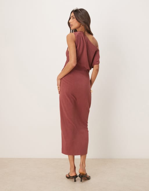ASOS DESIGN linen blend fallen twisted shoulder wrap skirt detail midi dress in rust