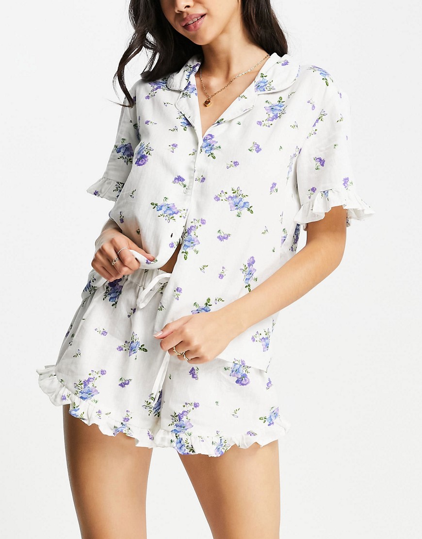 ASOS DESIGN linen floral shirt & short pajama set with frill in cream & blue-White