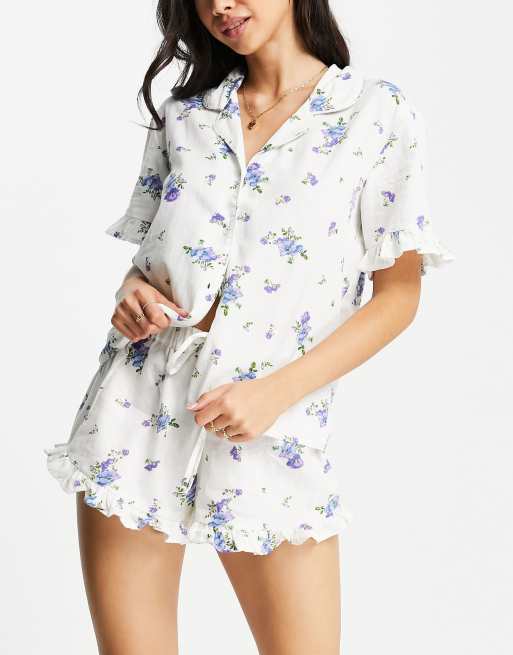 ASOS DESIGN linen floral shirt & short pajama set with frill in cream & blue