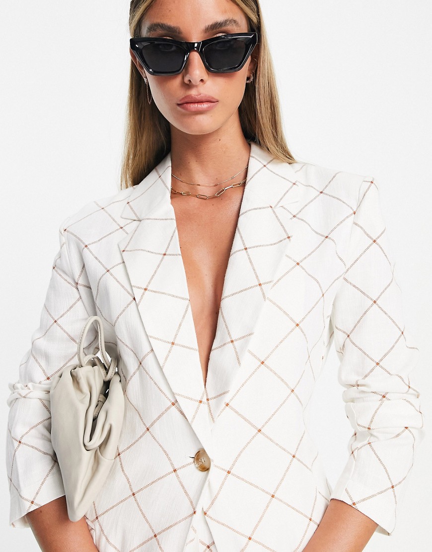 ASOS DESIGN linen grid check suit blazer in cream-White