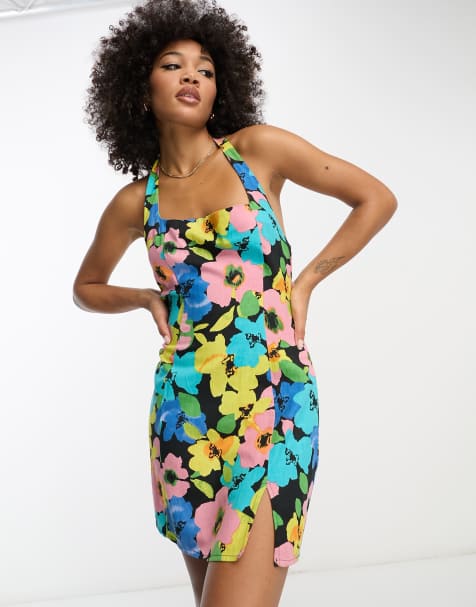 ASOS DESIGN linen halter mini sundress in dark base floral print 