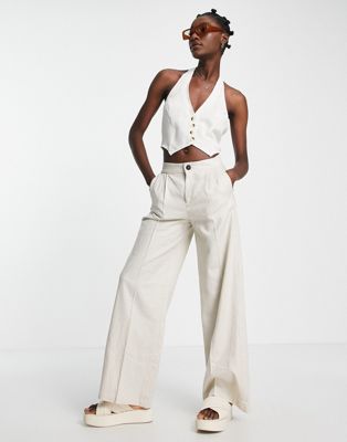 ASOS DESIGN linen halter waistcoat with horn buttons in off white | ASOS