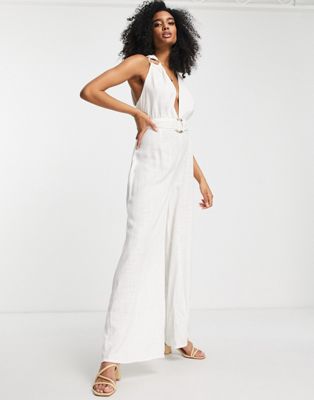 ASOS DESIGN linen halterneck jumpsuit with wide leg and ring detail in white