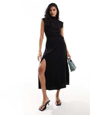 ASOS DESIGN linen high neck grown on sleeve midi dress with open back and button neck detail in black