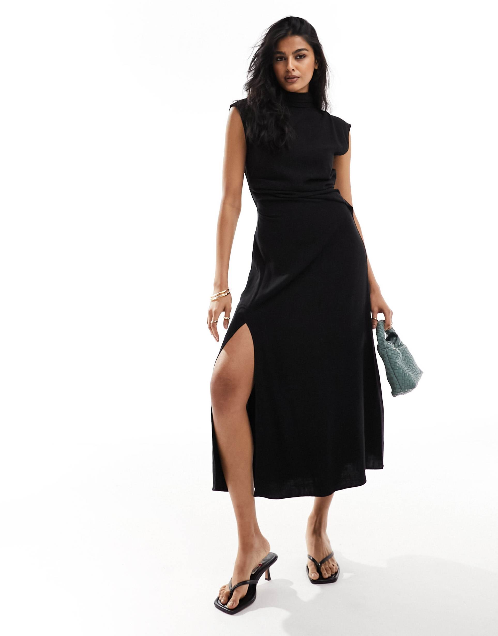 asos design linen high neck grown on sleeve midi dress with open back and button neck detail in black