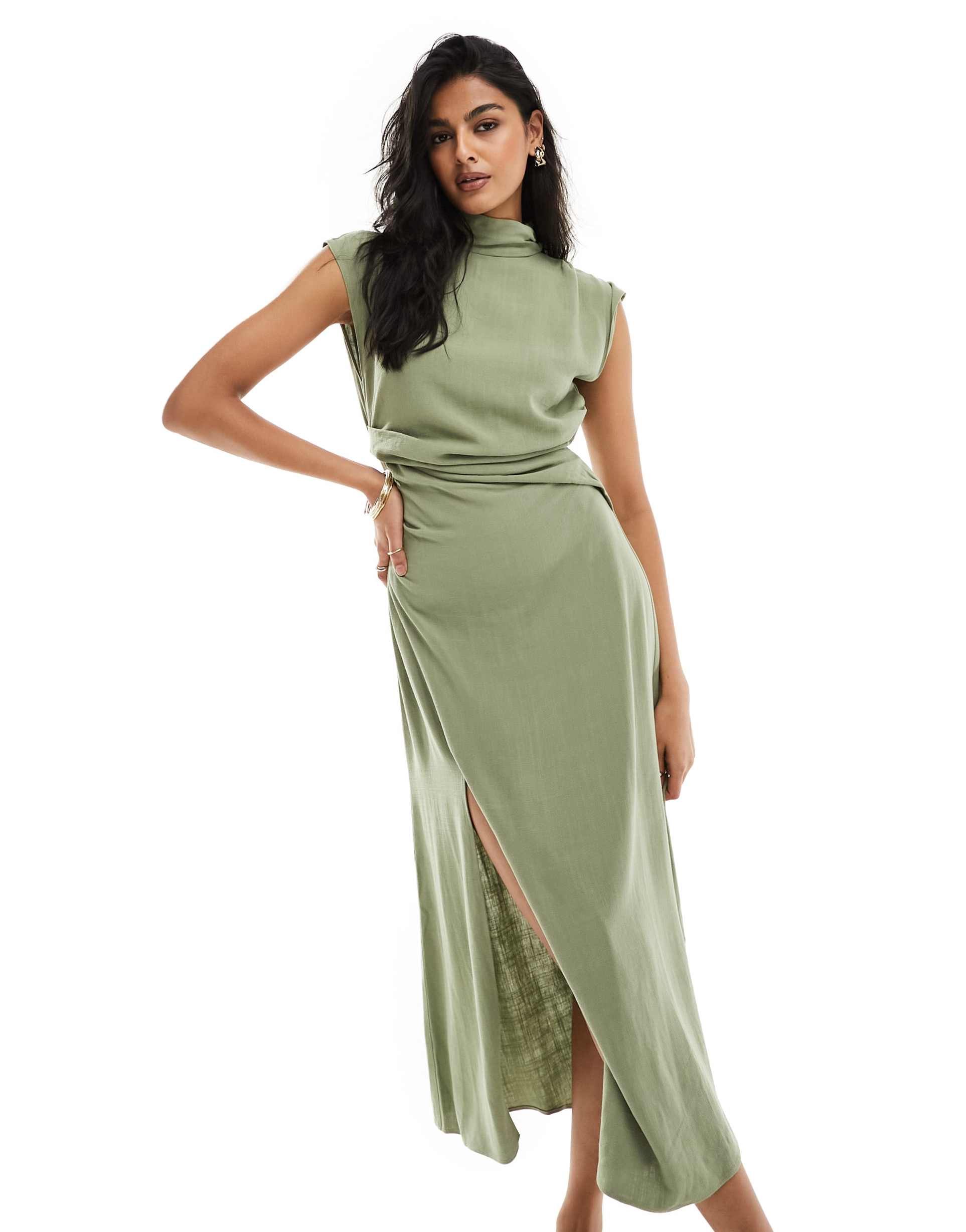 asos design linen high neck grown on sleeve midi dress with open back and button neck detail in green