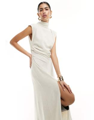 ASOS DESIGN linen high neck grown on sleeve midi dress with open back and button neck detail in oatmeal-Neutral