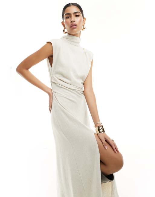 ASOS DESIGN linen high neck grown on sleeve midi dress with open back and button neck detail in oatmeal