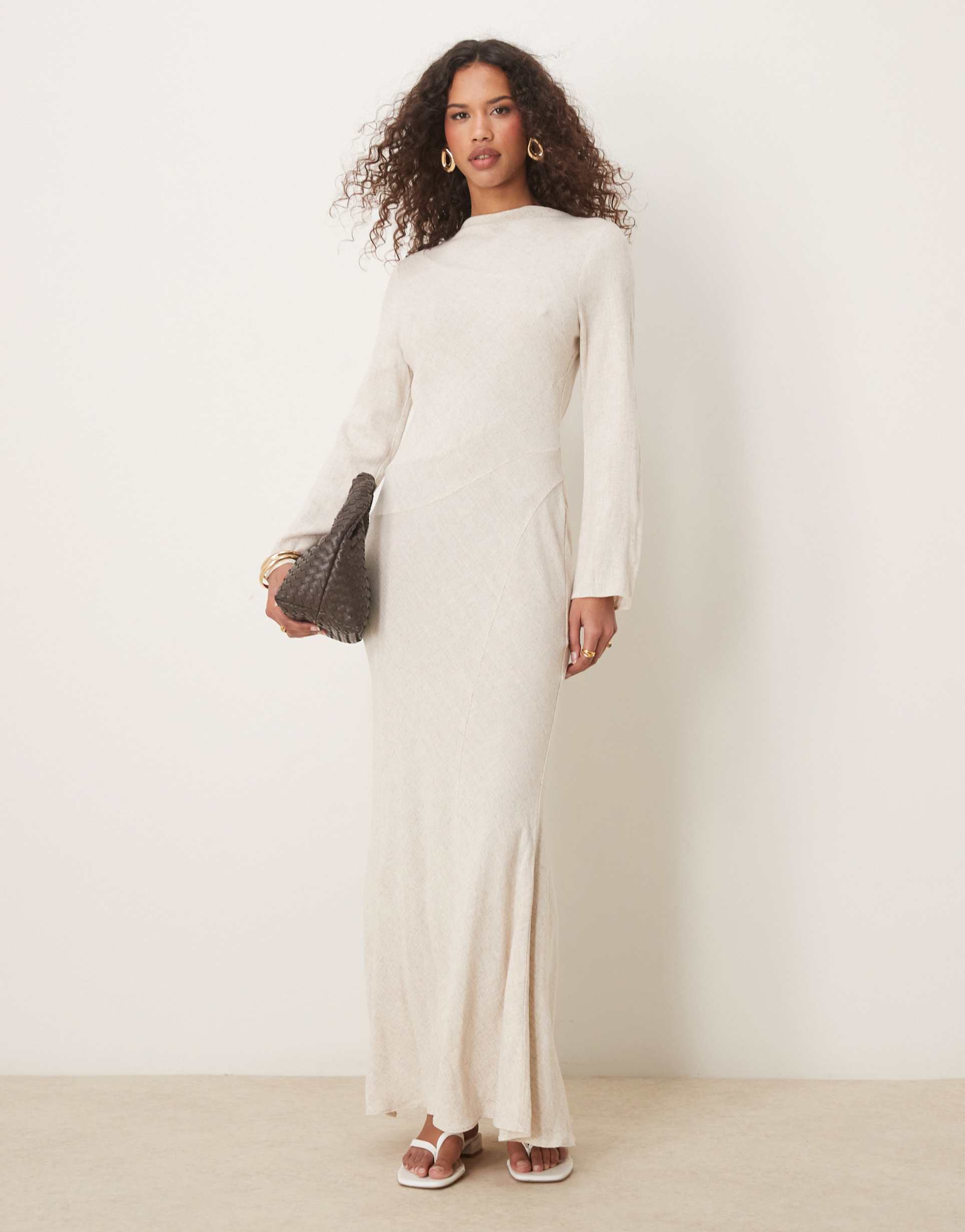 asos design linen high neck seam detail maxi dress in oat
