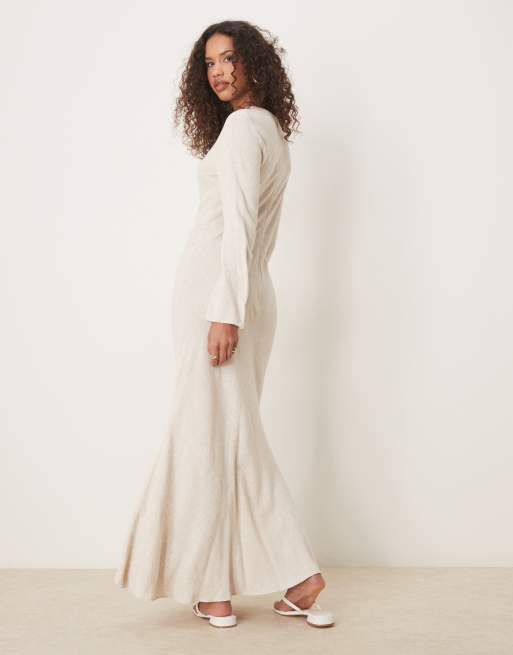 ASOS DESIGN linen high neck seam detail maxi dress in oat