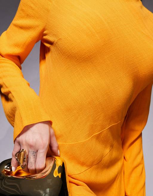 ASOS DESIGN linen mix high neck seam detail maxi dress in orange