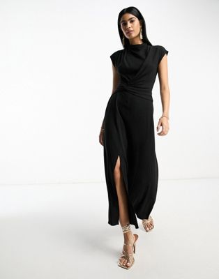 ASOS DESIGN linen high neck twist front midi dress in black
