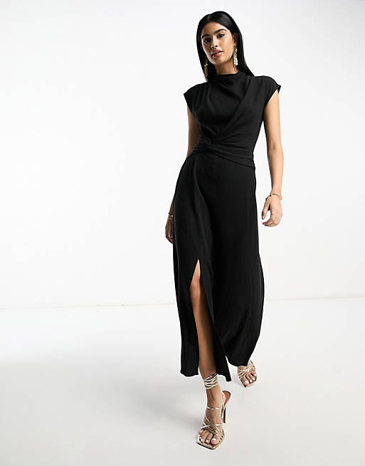 ASOS DESIGN linen high neck twist front midi dress in black | ASOS